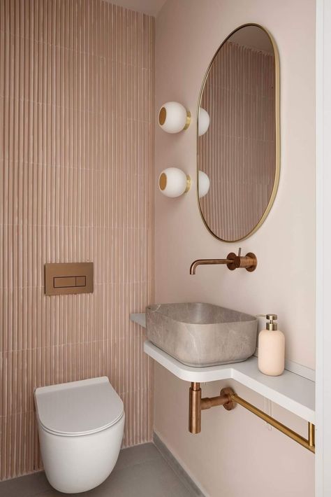 Pink And Green Downstairs Toilet, Bathroom En Suite Ideas, 1m Wide Bathroom, Pink Cloakroom Toilet, Cool Toilet Design, Mini Powder Room, Small Water Closet Ideas Toilet Room, Pastel Toilet, Pink Downstairs Toilet