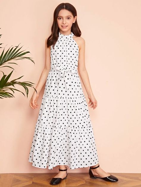 Girls Keyhole Back Dot Print Belted Tiered Halter Dress | SHEIN USA Aesthetic White Dress, Teen Dress, Frock Patterns, Girl Dress Patterns, Kids Fashion Dress, Kids Frocks, Baby Frocks Designs