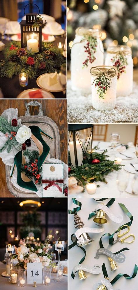 Wedding On Christmas, Christmas Rustic Wedding Ideas, Rehearsal Dinner Christmas Theme, Christmas Wedding Rehearsal Dinner Ideas, Woodland Christmas Wedding, Christmas Table Decorations Wedding, Christmas Wedding Table Decorations Centerpieces, Christmas Wedding Reception Decorations, Christmas Wedding Tablescape