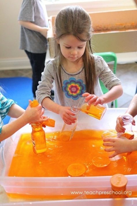 Orange in Preschool by Teach Preschool Orange Sensory Activities, Orange Art And Craft For Preschool, Orange Week Preschool, Orange Art Preschool, Orange Sensory Play, Orange Colour Day Crafts For Kids, Orange Color Activity, Sensory Play Activities Preschool, Orange Activity For Preschool