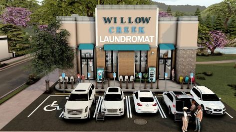 Sims 4 Willow Creek Laundromat Sims 4 Laundry Mat, Sims 4 Laundromat Cc, Willow Creek Builds, Sims 4 Realistic Community Lots, Sims 4 Daycare Build, Sims 4 Clinic, Sims4 Lots Cc, Laundromat Bloxburg, Cc Lots Sims 4