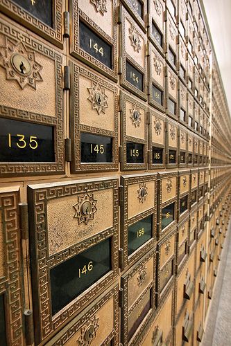 Art deco mail boxes extend, seemingly to infinity, at the Hollywood branch of the Postal Service. Apartment Mailboxes, Art Nouveau Arquitectura, Mail Boxes, Call Art, I Love Paris, Paris Apartments, Post Box, Cool Apartments, Mail Art