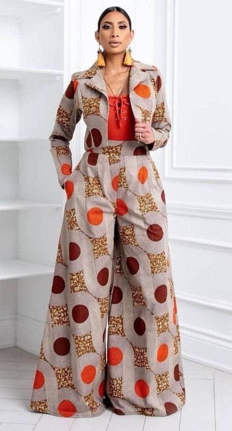 African Trouser Suit For Women, Ankara Pants Suits For Women, Ankara Suits For Women, Palazzo Pants Outfit Work, Afrocentric Fashion Classy, Ankara Two Piece Outfit Pants, Ankara Pants And Top, Ankara Palazzo Jumpsuit, Ankara Palazzo Pants And Top