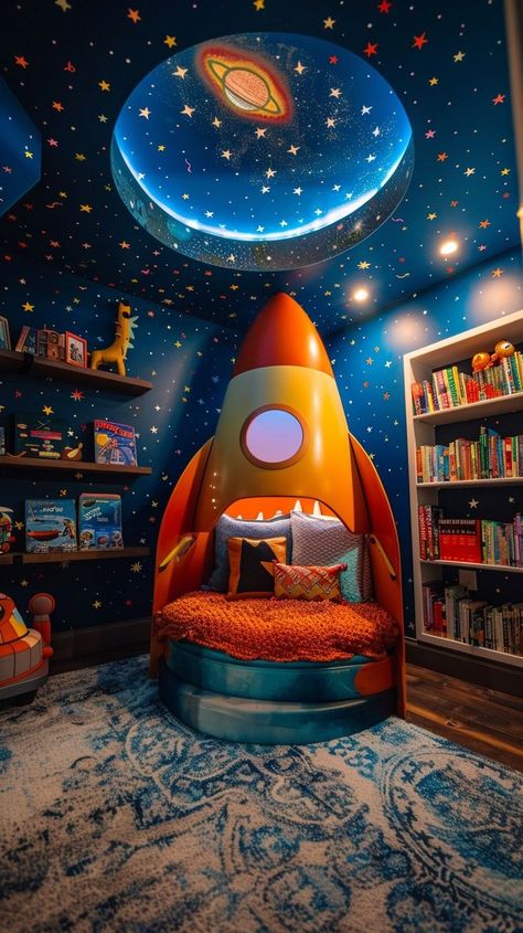 Vibrant cosmic bedroom decor with rocket-shaped bed, starry ceiling, and space-themed toys for young space enthusiasts. Cosmic Bedroom, Space Themed Bedroom, Dream Bedroom Inspiration, Child Bedroom, Star Ceiling, Boys Bedrooms, Space Theme, Kids Room Design