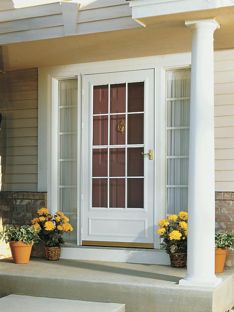 Create an inviting entryway with these tips for choosing a front door. Cottage Entry, Front Door With Screen, Door Pictures, Wood Storm Doors, Glass Storm Doors, Replacing Front Door, Main Doors, Color Door, Composite Doors