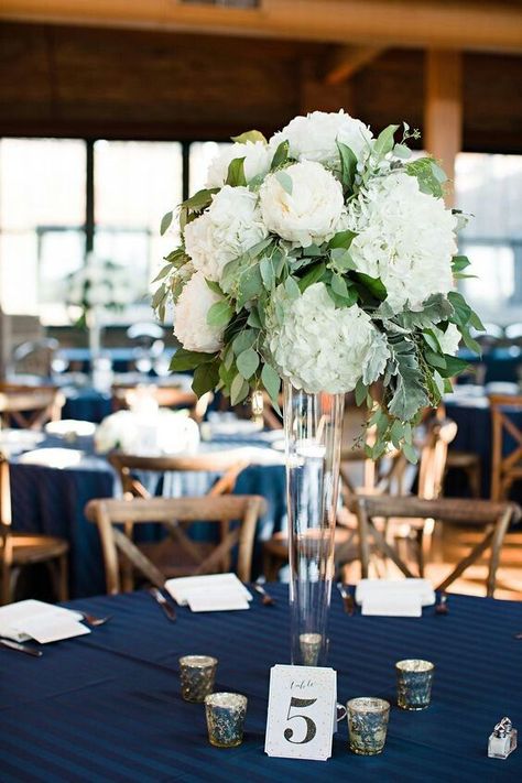 Green White Centerpiece, Wedding Centerpieces Tall, Dark Greenery, Navy Tablecloth, Short Centerpieces, Tall And Short, Tall Centerpiece, Wedding Flowers Peonies, Tall Wedding Centerpieces