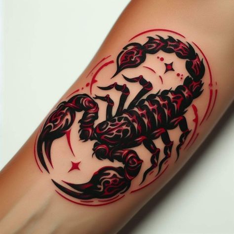 Black And Red Tattoo Aesthetic, Black Tattoos With Red Accent, Red And Black Traditional Tattoo, Black And Red Sleeve Tattoo, Red Scorpion Tattoo, Red Tattoo Men, Red Black Tattoo, Scorpion Tattoo Ideas, Red And Black Tattoo