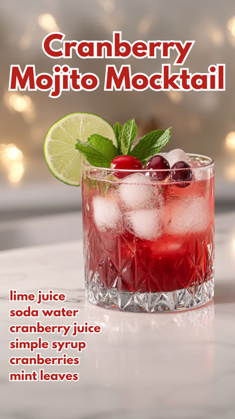 Cranberry Mojito Mocktail Cranberry Mojito, Christmas Mocktail Recipes, Christmas Mocktail, Non Alcoholic Mojito, Cranberry Mocktail, Cocktail Cards, Easy Mocktails, Christmas Mocktails, Classic Mojito