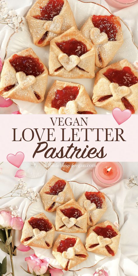 Make these adorable Vegan Love Letter Pastries for your someone special this Valentines day. These mini hand pies are folded like an envelope, with a homemade buttery pastry, filled with delicious strawberry jam, and sealed with a heart. They’re fun, easy to make and sure to impress! Valentine Puff Pastry Ideas, Easy Valentines Recipes Desserts, Puff Pastry Envelopes, Envelope Pastry Recipe, Baked Goods Valentines Day, Valentine’s Day Puff Pastry, Valentines Afternoon Tea Ideas, Valentine Puff Pastry Dessert, Valentines Edible Crafts