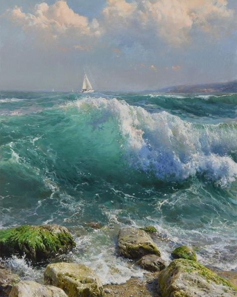 Vladimir Davydenko. Emerald Breeze, 2021. Ocean Landscape Painting, Ocean Art Painting, Ocean Scenery, Waves Painting, Navi A Vela, Seascapes Art, Ocean Waves Painting, Waves Photography, Ocean Landscape