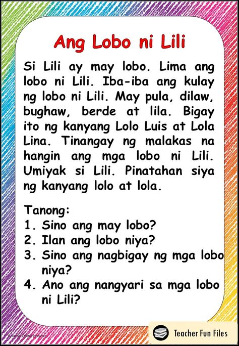 Teacher Fun Files: Filipino Reading Materials with Comprehension Questions Reading Materials For Beginners, Reading Comprehension Grade 1, Reading Practice Worksheets, Elementary Reading Comprehension, Teacher Fun Files, 1st Grade Reading Worksheets, Remedial Reading, First Grade Reading Comprehension, Basic Sight Words