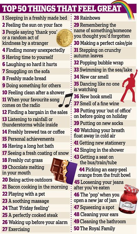 The real secret of happiness is... clean sheets! Two-thirds of respondents say a fresh bed is one of their favourite feelings in a list of top 50 things that feel great  | Daily Mail Online Best Feelings In The World, Feelings List, Best Feelings, Clean Sheets, Personal Growth Motivation, Random Act, Self Care Activities, Random Acts Of Kindness, Laughing So Hard