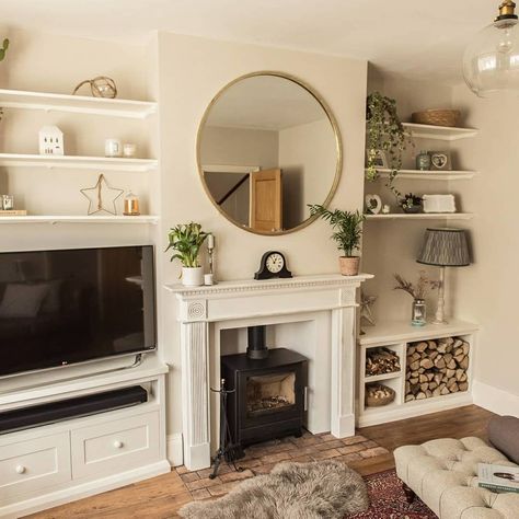 Lounge Shelves, 1930s Living Room, Alcove Ideas Living Room, Alcove Ideas, Log Burner Living Room, Alcove Shelving, Tree Cottage, Victorian Living Room, Sunset Cliffs