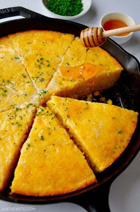 Skillet Cornbread Recipe, Cast Iron Skillet Cornbread, Banana Nut Pancakes, Iron Skillet Cornbread, Skillet Corn, Bread Pudding With Apples, Skillet Cornbread, Iron Skillet Recipes, Just A Taste