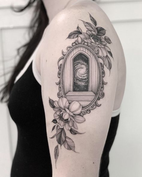 Mirror Image Tattoo, Scrying Mirror Tattoo, Mirror Tattoos For Women, Antique Frame Tattoo Design, Victorian Mirror Tattoo, Victorian Picture Frame Tattoo, Vintage Hand Held Mirror Tattoo, Oval Tattoo Ideas, Antique Picture Frame Tattoo