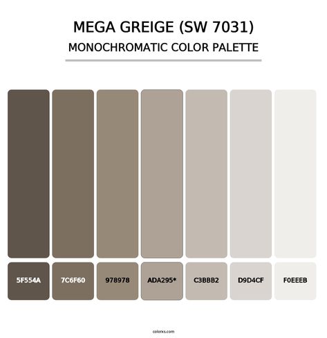 Sherwin Williams Mega Greige (SW 7031) Paint coordinating colors and palettes Sw Ethereal Mood, Sherwin Williams Mega Greige, Office Color Palette, Mega Greige, Kitchen Color Palettes, Monochromatic Room, Color Generator, Analogous Color Scheme, Rgb Color Codes