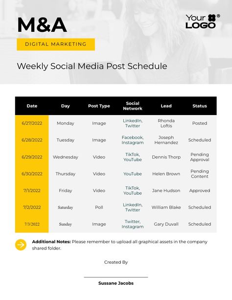 Sleek Social Media Post Schedule Template  Visme Post Schedule, Tuesday Images, Social Media Posting, Monday Images, Friday Video, Posting Schedule, Sunday Images, Social Media Posting Schedule, Instagram Schedule