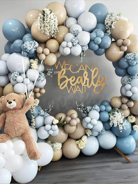 Cute bear baby shower decorations, balloon arch in beige and light blue tones Birthday Bear Theme, Cream Balloons, Teddy Bear Baby Shower Theme, Baby Boy Balloons, Baby Shower Balloon Arch, Peach Baby Shower, Bear Baby Shower Theme, Birthday Bear, Boy Baby Shower Ideas