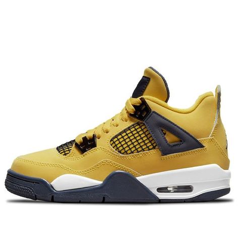 The Air Jordan 4 Retro GS 'Lightning' is back for the 2021 season. This sneaker was originally released in 2006 and was a popular choice among grade schoolers. The bright yellow nubuck upper with black molded eyelets and netting makes this sneaker stand out, as does the dark grey accents on the wings, interior tongue, and Jumpman logo. The white foam midsole provides comfort and support, while the visible Air-sole cushioning in the heel ensures a smooth ride. Nike Air Jordan 4 Retro, Nike Air Jordan 4, Jordan Shoes Retro, Kids Basketball, Jumpman Logo, Jordan 4 Retro, Air Jordan 4, Air Jordan 4 Retro, Michael Jordan