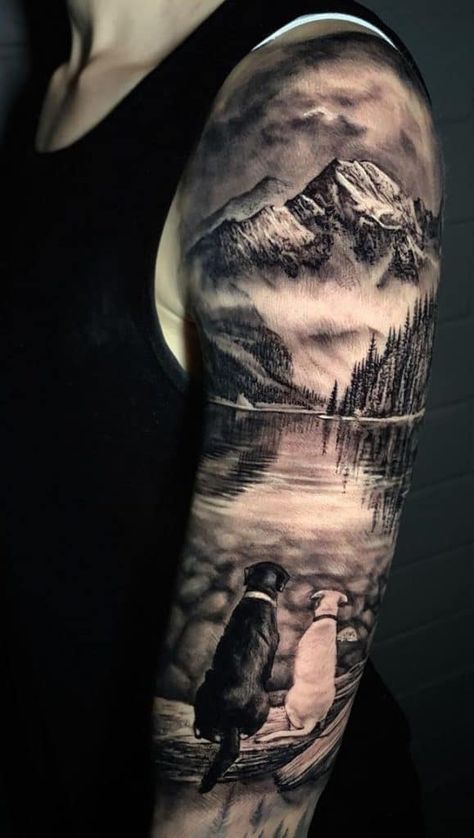 Mountain Sleeve Tattoo, Scenic Tattoo, Forest Tattoo Sleeve, Waterfall Tattoo, Wilderness Tattoo, Outdoor Tattoo, Scenery Tattoo, Tatoo Dog, Animal Tattoos For Women