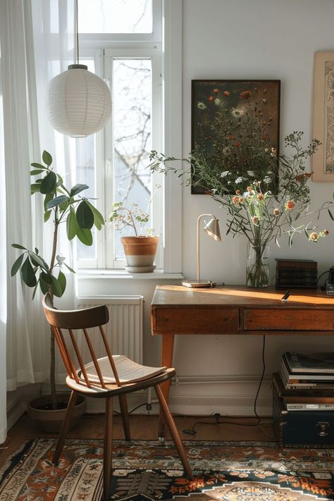 Scandi Interior Design Inspiration, Light And Bright Home Office, Vintage Inspired Interior Design, Simple Living Home, Serene Home Office, Scandinavian Academia, Cozy Interior Aesthetic, Home Office Styling, Home Office Scandinavian Style