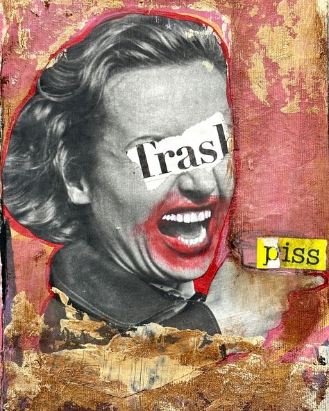 Trash Mixed media collage on paper This piece explores the destructive power of societal labels and harsh judgments. By placing the word ‘Trash’ over the eyes, I aim to highlight how negative perceptions can blind individuals or society to someone’s true identity. The word ‘piss’ below the mouth adds a layer of degradation, emphasizing the emotional impact of such labels. The distressed, chaotic background with gold and red hues reflects the turmoil and conflict these judgments create. Trash Collage, Chaotic Collage, Chaotic Background, Gold And Red, True Identity, Year 11, Mixed Media Collage, Collage Art, Art Inspo