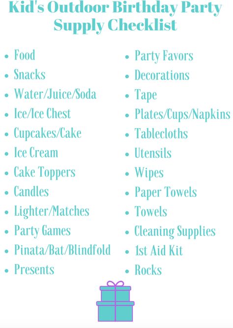 Kid's Birthday Party Checklist | Detailed Wife Organized Life Party Essentials List, Birthday Party Supplies Checklist, Park Birthday Party Ideas, Party At Park, Business Organization Ideas, Party Planning List, Party Supplies Checklist, Bonfire Birthday Party, Beyblade Birthday Party