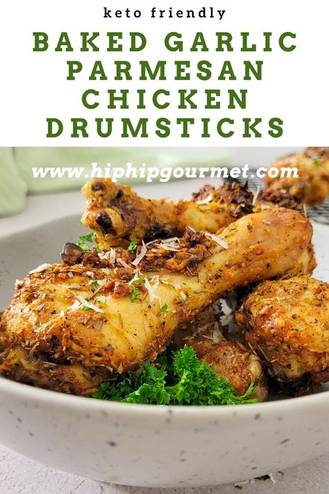 baked chicken drumsticks in a bowl garnished with fresh parsley and parmesan cheese Quick Easy Drumstick Recipe, Best Baked Drumsticks, Low Carb Chicken Drumsticks, Parmesan Crusted Chicken Drumsticks, Parmesan Chicken Drumsticks Oven Baked, Garlic Chicken Drumstick Recipes, Healthy Crockpot Chicken Drumstick Recipes, Baked Drum Sticks Oven, Keto Drumsticks Recipes