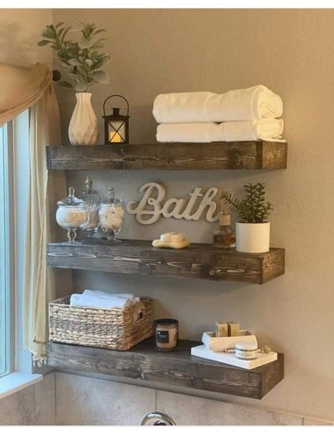 Rustic Garden Tub Decor Master Bath, Bathroom Wood Shelf Ideas, Bathroom Decor Ideas Above Toilet, Bathroom Small Shelf Decor, Restroom Floating Shelves Ideas, Small Bathroom Minimalist Decor, Over The Toilet Shelves Decor, Rustic Theme Bathroom Ideas, Restroom Shelf Decor Ideas