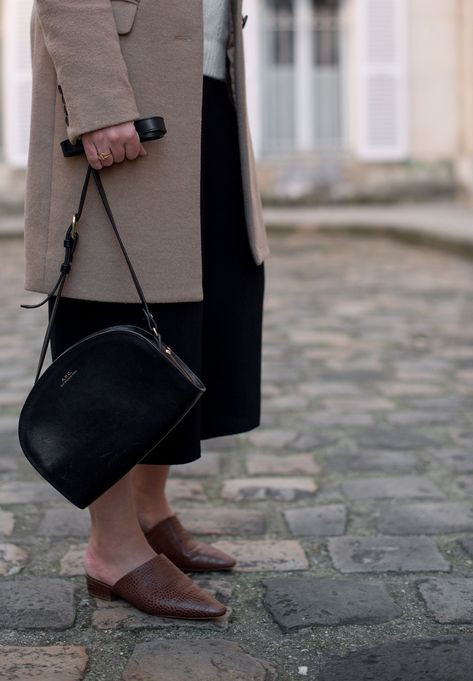 APC half-moon bag, Aritzia culottes, Oak + Fort mules Apc Half Moon Bag, Apc Demi Lune Bag Outfit, Apc Bag Outfit, Apc Demi Lune, Apc Bag, Uniqlo Coat, Parisian Doors, Crossbody Bag Outfit, Oak Fort