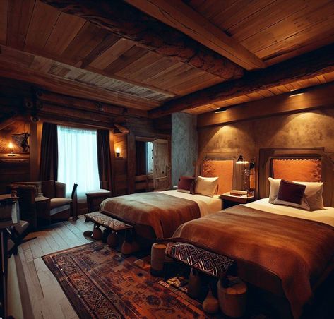 Ski Lodge Hotel Room, Cabin Hotel Room, Cozy Hotel Room Aesthetic, Rustic Hotel Room, Luxury Cabin Bedroom, Luxury Rustic Bedroom, Cabin Bedroom Aesthetic, Cabin Interiors Cozy, Cozy Hotel Room