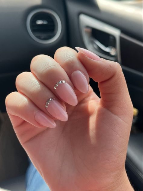 30 Simple Yet Beautiful Nail Extension Designs to Adorn Yourself Rose Gold Simple Nails, Nails With Rhinestones At Cuticle, Rine Stone Almond Nails, Ombre Almond Nails With Rhinestones, Natural Acrylic Nails With Rhinestones, Simple Nails Diamonds, Simple Nails With Gems Rhinestones, Almond Nails Rinstone, Gel Nails With Rhinestones Simple