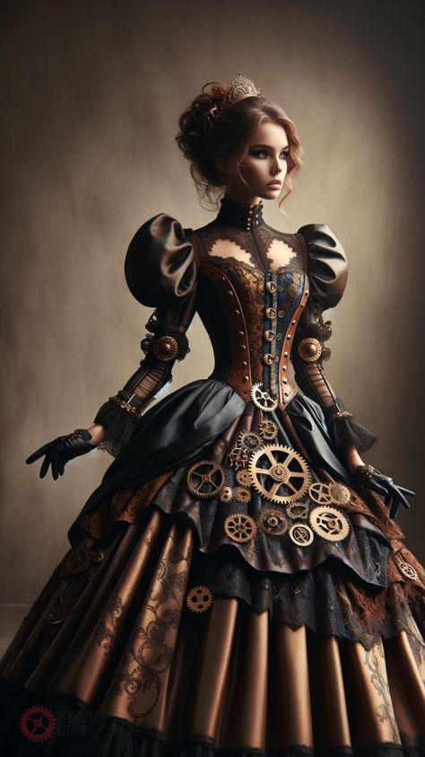 Admire the elegance of a woman in a stunning dress, capturing the essence of feminine grace and style. This image portrays a beautifully designed dress, perfect for fashion inspiration or simply appreciating the art of exquisite clothing. Ideal for those who admire classic and contemporary fashion. Fantasy Victorian Fashion, Steampunk Dress To Impress, Formal Steampunk, Modern Steampunk Fashion, Steampunk Prom Dress, Steampunk Womens Fashion, Victorian Steampunk Costume, Clock Dress, Steampunk Outfits Women