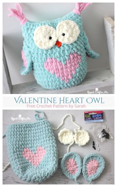 Crochet Valentine Heart Owl Free Crochet Pattern Crochet Valentine Patterns, Crochet Baby Blanket Beginner, Crochet Holiday, Owl Crochet Patterns, Heart Crochet, Valentines Patterns, Crochet Owl, Valentines Crochet, Valentine Hearts