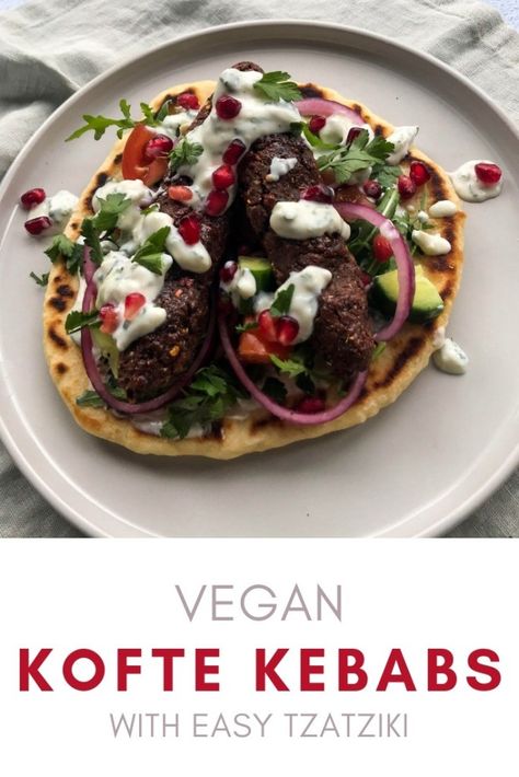 Vegan Kofte, Kofte Kebab, Tzatziki Dressing, Easy Tzatziki, Vegan Kebab, Vegan Greek, Kebab Skewers, Vegan Waffles, Fresh Summer Salad