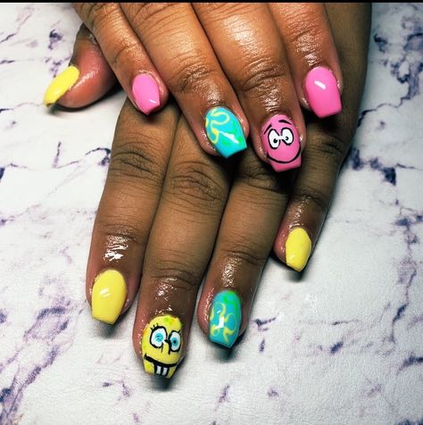 Spongebob Nails Short, Cocomelon Nails, Spongebob Nails Designs, Sponge Bob Nails, Spongebob Nail Art, Spongebob Nails, Artsy Nails, 90s Nails, Character Nails