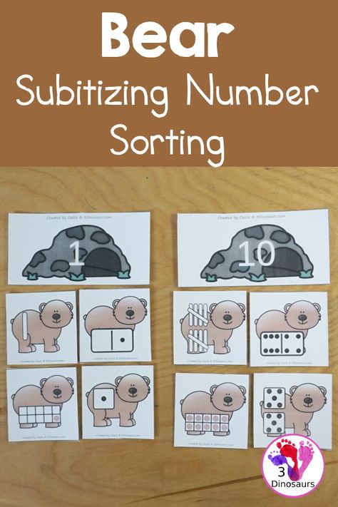 Free Bear Subitizing Number Sorting Printable with a cave with a number and matching bears to sort to the cave with tally marks, ten frames, dice, and dominos for matching - 3Dinosaurs.com #freeprintable #numbersubitizing #numberprintable #kindergarten #firstgrade #3dinosaurs Bear Numbers Free Printable, Bear Name Activities Preschool, Bear In A Cave Craft For Preschool, Bear Math Activities Preschool, Dinosaur Subitizing, Bear Activities For Kindergarten, Bears Kindergarten, Bear Activities Preschool, Preschool Bears