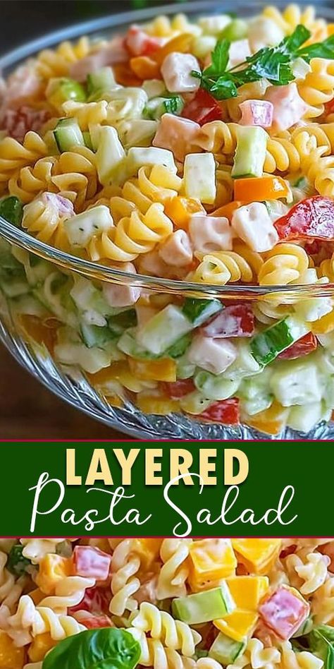 🍝✨ Delicious Layered Pasta Salad Recipe - the perfect side dish for your next gathering! This easy-to-make salad is not only beautiful but also packed with fresh veggies, tender pasta, and a zesty dressing that will leave your guests craving more! 🥗💚 👉 Save this recipe now and impress your friends and family with a vibrant and refreshing pasta salad! 🌟 #PastaSalad #LayeredSalad #HealthyEating #EasyRecipes #PotluckRecipes Pasta Salad Cheese Cubes, Color Pasta Salad, Spaghetti Noodle Salad Recipes, Pasta And Ham Salad, Easy Noodle Salad Recipes, Easy Cold Pasta Salad Recipes Simple Italian Dressing, Pasta Salad Recipes With Ranch Dressing, Pasta Cold Salad Recipes, Pasta Salad Recipes With Chicken