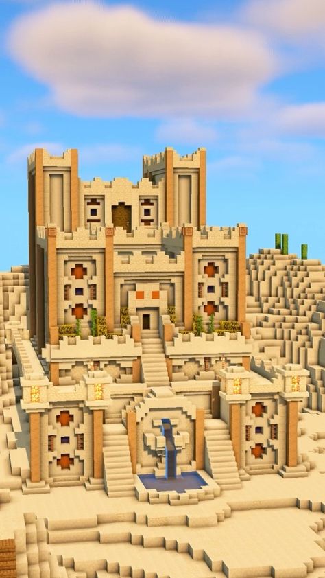 Oasis Minecraft House, Sand Castle Minecraft Build, Minecraft Desert Mega Base, Desert Starter Base Minecraft, Desert Biome House Minecraft, Desert Pyramid Minecraft, Minecraft Sandcastle Build, Sand Base Minecraft, Ancient Desert City Concept Art