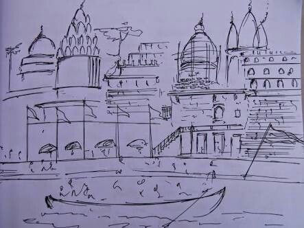 GHat Kashi Ghat, Out Line Drawing, Ganga Ghat, Temple Painting, Awesome Drawing, Travel Sketches, Drawings Simple, Drawing Easy, Krishna Art