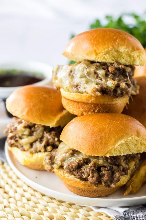 Philly Cheesesteak Sliders Recipe, Philly Cheesesteak Sliders, Slow Cooker French Dip, French Dip Sliders, Boneless Ribeye Steak, Slow Cooker Sloppy Joes, Sloppy Joes Sandwich, Cheesesteak Sliders, Philly Cheese Steak Sliders