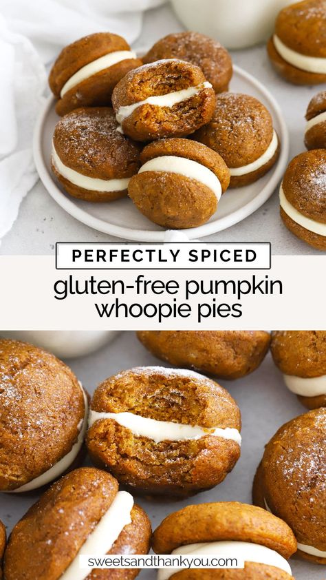 Our Gluten-Free Pumpkin Whoopie Pies are a perfect fall treat, with fluffy cake-like pumpkin cookies & a secret-ingredient cream cheese filling you won't want to miss. / gluten-free pumpkin whoopie pie recipe / homemade pumpkin whoopie pies / gluten-free thanksgiving dessert / gluten-free fall dessert / gluten-free pumpkin dessert / gluten-free pumpkin cookies / gluten-free thanksgiving dessert besides pie / cream cheese frosting recipe / gluten-free holiday cookie / Pumpkin Whoopie Pie, Fall Desserts Gluten Free, Gluten Free Pumpkin Desserts, Pumpkin Whoopie Pie Recipe, Gluten Free Desserts Thanksgiving, Gluten Free Pumpkin Cookies, Whoopie Pie Recipe, Pumpkin Whoopie Pies, Fluffy Cake