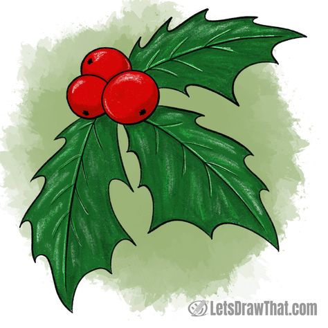 Colour pencil drawing of holly leaves and berries Drawings Of Holly And Berries, Christmas Leaf Drawing, Christmas Holly Painting Acrylic, Holly And Berries Drawing, Christmas Holly Painting, Christmas Easy Drawings Ideas, How To Paint Holly Leaves, Holly Leaves Drawing, Holly Berry Drawing