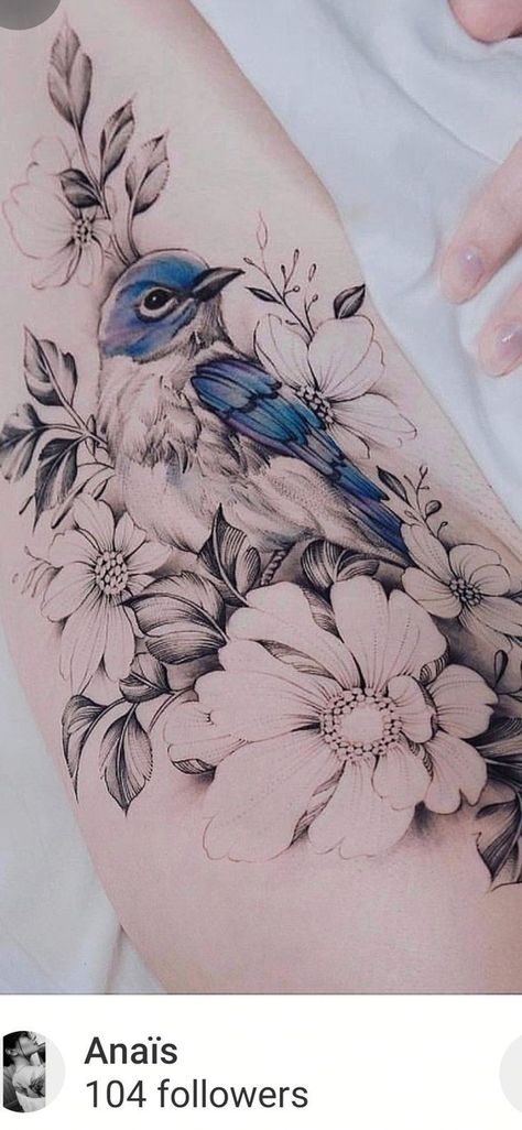 Bird And Flower Tattoo Shoulder, Half Bird Half Flower Tattoo, Flower And Bird Tattoo Sleeve, Blue Jay With Flowers Tattoo, Bluebird Shoulder Tattoo, Floral And Bird Tattoo, Floral Tattoo With Bird, Mountain Bluebird Tattoo, Bluejay Tattoo Black And White