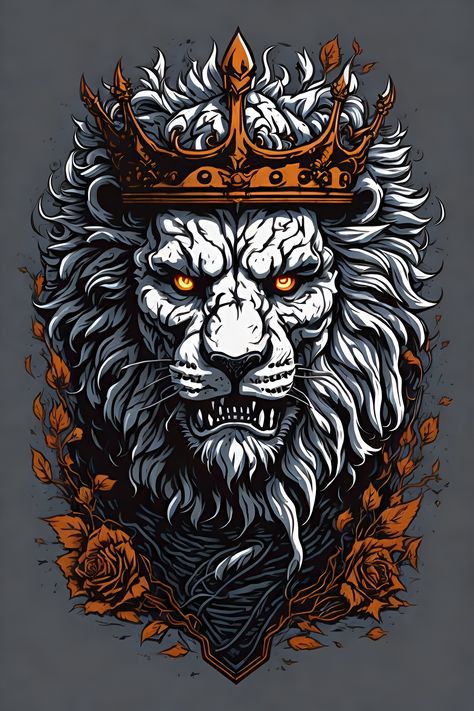 artwork, t-shirt, t-shirt design, vector illustration, illustration, sticker, white background, high quality, 12k, must be white background, full circle, undead skull lion wearing crown Goth Western Aesthetic, Lion Wearing Crown, Sticker White Background, Crown Illustration, Wall Art Anime, Aesthetic Animals, Christian Graphic Design, Tattoo Animal, Rhinestone Designs Pattern