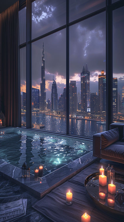 Immerse yourself in modern luxury with this stunning penthouse overlooking the Dubai skyline at night. The sleek grey color palette, black velvet curtains, and cinematic lighting set a moody atmosphere, while candles and fire pits add warmth to the infinity pool balcony. A perfect fusion of elegance and breathtaking views. 🏙️✨ #DubaiLuxury #PenthouseViews #ModernDesign#InfinityPool #SkylineViews #CinematicStyle #MoodyAtmosphere #ModernArchitecture #LuxuryLiving #DubaiNights #InteriorDesignGoals Luxury Hotel Aesthetic Night, Dubai Penthouse Luxury, Penthouse View Night, Modern City Aesthetic, New York Penthouse Luxury, Nyc Penthouse Aesthetic, Nyc Penthouse Luxury, Cinematic Color Palette, Black Velvet Curtains