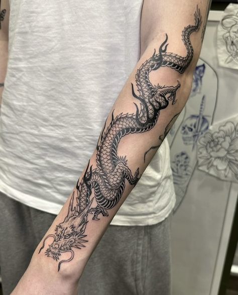 Fantasy Dragon Tattoo Arm, Dragon Tattoo Wrapping Around Arm, Dragon Forearm Tattoos Men, Dragon Tattoo Wrapped Around Forearm, Tattoos In Greek, Hand Dragon Tattoo, Dragon Tattoo Half Sleeve, Dragon Drawing Tattoo, Thai Dragon Tattoo