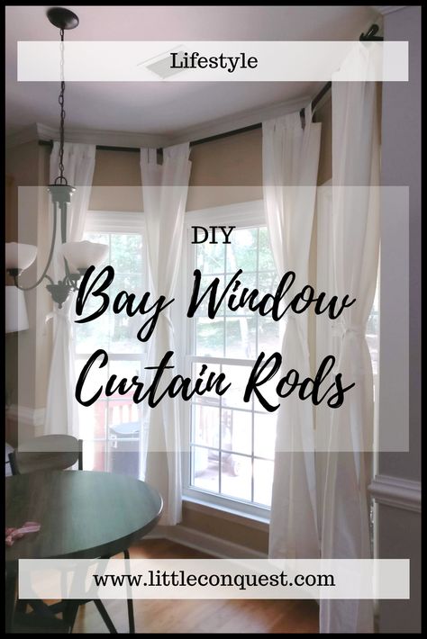 Diy Bay Window Curtain Rod, Curtain Ideas For Bay Windows, Bay Window Curtains Living Room, Diy Bay Window Curtains, Diy Bay Window, Bay Window Curtain Rods, Bay Window Treatments, Bay Window Living Room, Kitchen Bay Window