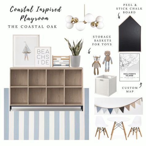 A coastal inspired playroom with toy storage and kid sized furniture. #playroom #playroomdecor #coastalplayroom #neutralplayroom #playroom #kidsplay #coastal #playroomrug #toystorage Blue Playroom, Loft Playroom, Coastal Oak, Playroom Inspiration, Playroom Table, Small Playroom, Small Table And Chairs, Baby Playroom, Boys Playroom