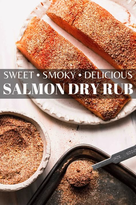 Take your salmon dinners up a notch with this easy Salmon Dry Rub! It’s made from a simple blend of smoky and zesty spices and complements fish beautifully. // recipe brown sugar // seasoning // oven Salmon Spices Rub, Dry Rubs For Salmon, Smoked Salmon Dry Rub, Rub For Salmon Dry, Salmon Recipes Baked Dry Rub, Dry Rub Salmon Recipe, Salmon Rub Recipe Healthy, Brown Sugar Rub For Salmon, Salmon Seasoning Recipe Baked